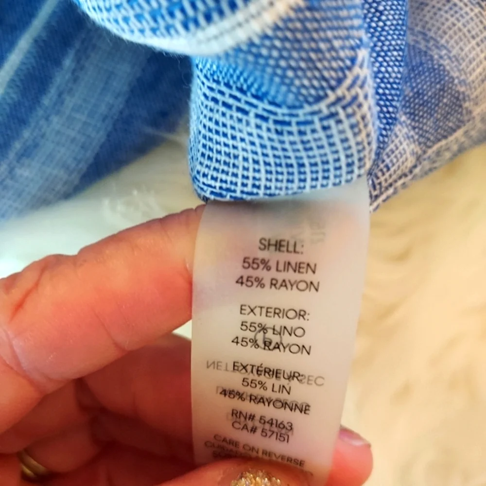 Calvin Klein Striped Linen & Rayon Jumpsuit in a Denim Blue & White. - Picture 16 of 16